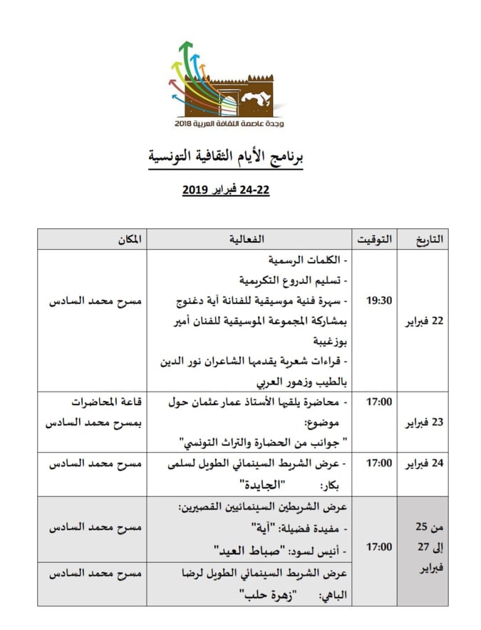 وجدة تحتضن الأيام الثقافية التونسية (برنامج الدورة)插图 وجدة تحتضن الأيام الثقافية التونسية (برنامج الدورة)插图